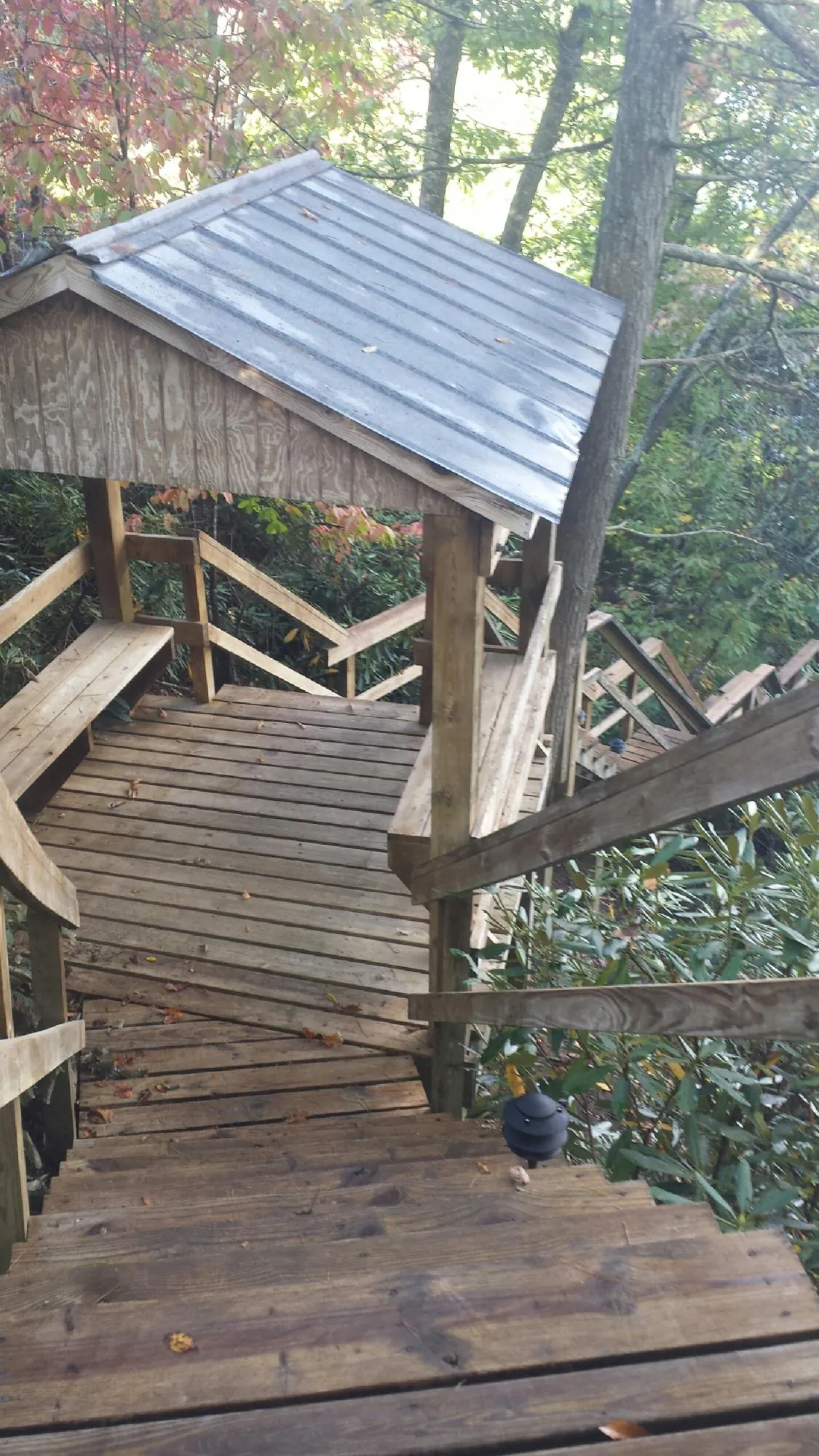 Metal roofed shelter over wooden steps on a wooded walkway — Skylight Repair & Installation work by our crew in Appalachia